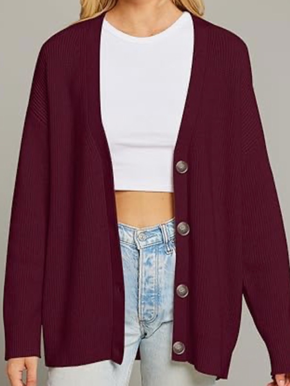 MEROKEETY Burgundy Ribbed V-Neck Cardigan Sweater